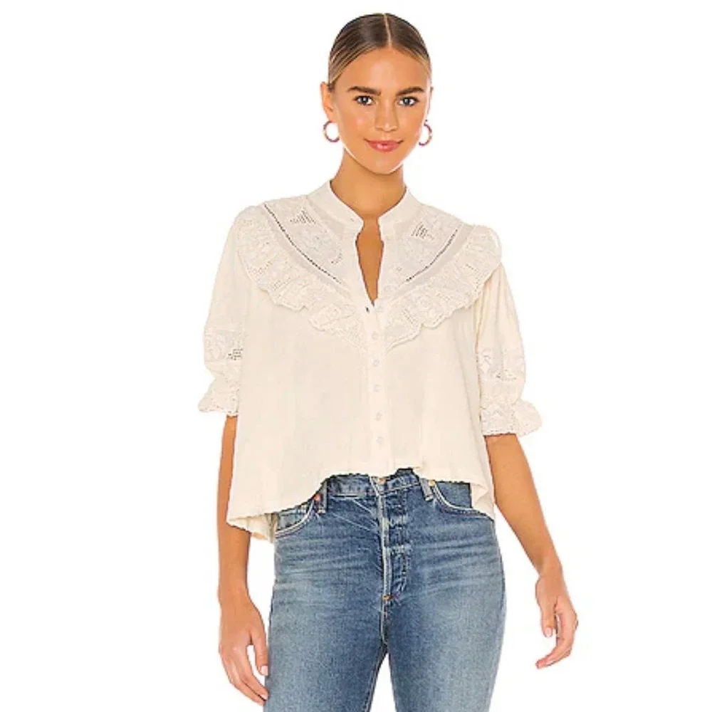 Free People Ivory Crochet Lace Ruffle‎ Button Front Boho Blouse Top Small